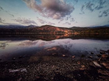 Scenic view of lake by mountains against sky