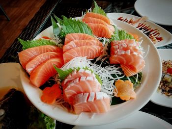 High angle view of seafood in plate on table