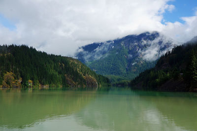 Scenic view of lake and mountains against sky