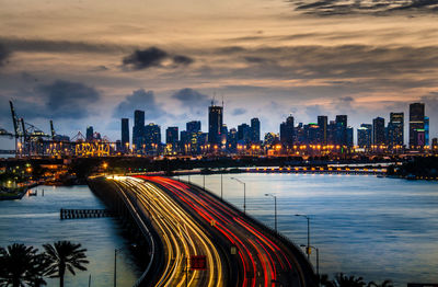 Illuminated city at waterfront during sunset