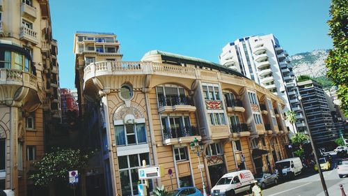 Low angle view of buildings against clear sky