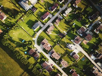 High angle view of houses in field