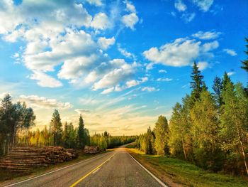 Empty road along plants and trees against sky