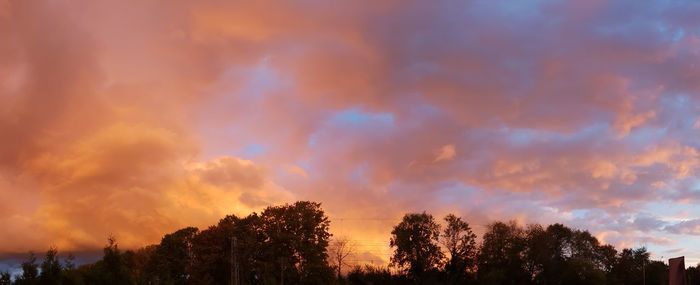 Low angle view of silhouette trees against dramatic sky