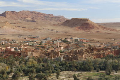 Aerial view of village in desert, morocco 