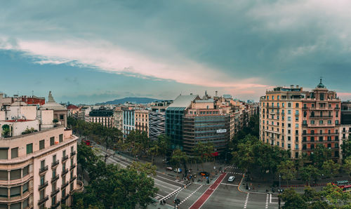 High angle view of cityscape against sky during sunset