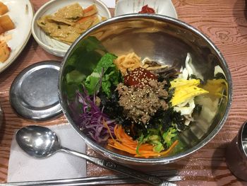 High angle view of vegetables in bowl on table