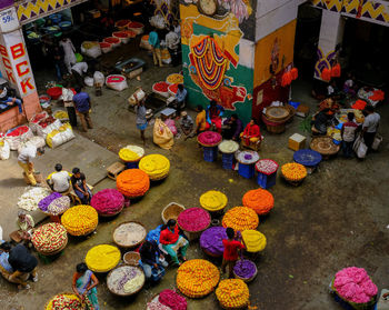 High angle view of multi colored for sale at market stall