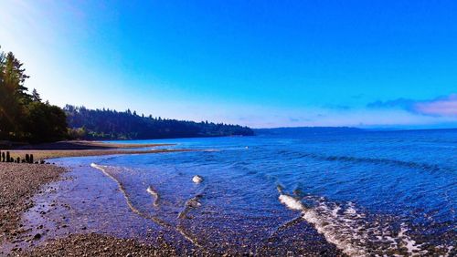 Scenic view of sea against clear blue sky