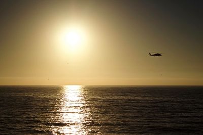 Silhouette bird flying over sea against sky during sunset