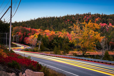 Light trails on road against sky during autumn