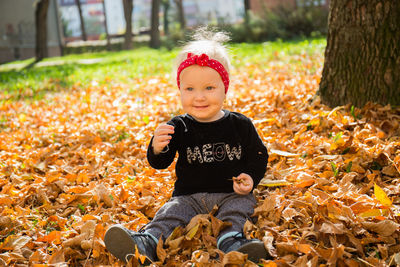 Portrait of cute smiling boy with autumn leaves