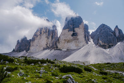 Panoramic view of snowcapped mountains against sky