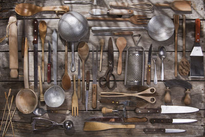 Directly above view of various objects on wooden table