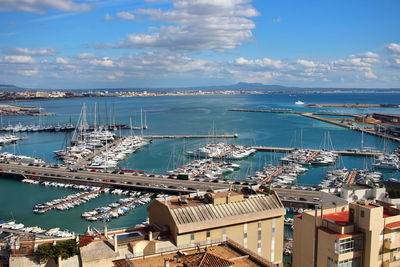 High angle view of ship moored at harbor