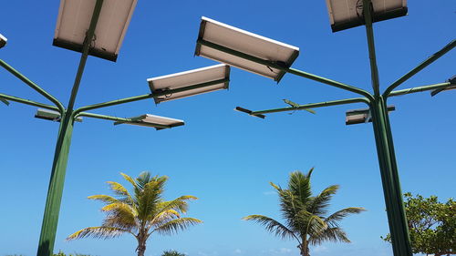 Low angle view of palm tree against clear blue sky