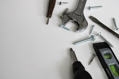 High angle view of work tools on table