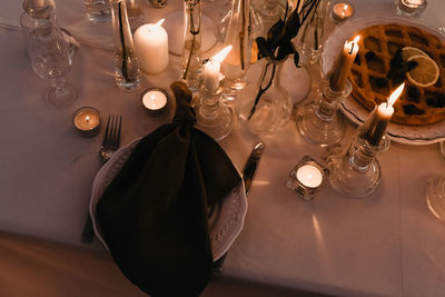 High angle view of christmas decorations on table