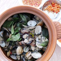 High angle view of vegetables in bowl on table