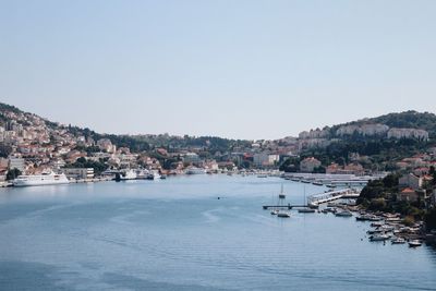 Scenic view of river by town against clear sky