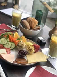 High angle view of breakfast served on table