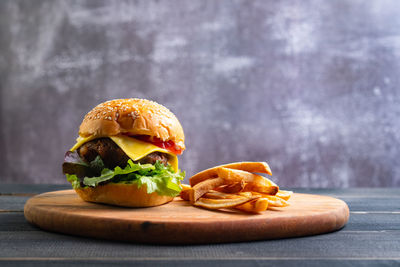 Close-up of burger on table