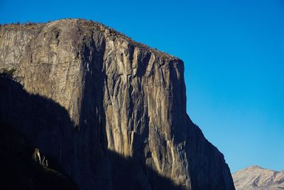 Low angle view of rocky mountains against clear blue sky