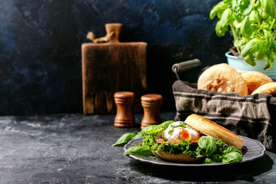 Close-up of food served on table