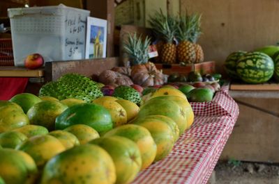 Fruits in basket for sale at market stall