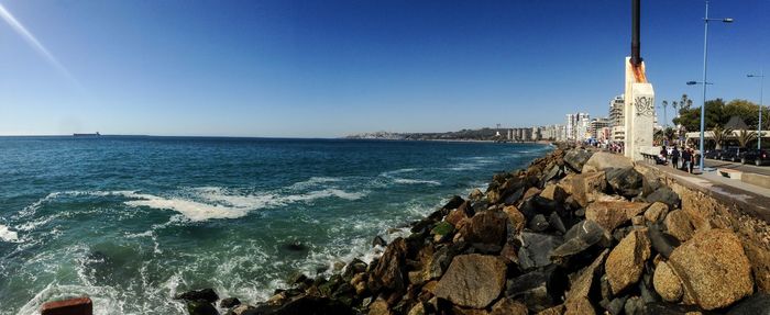 Panoramic view of sea against clear blue sky