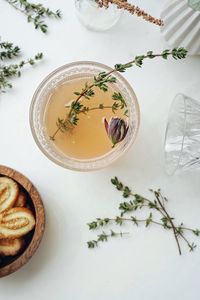 High angle view of tea served on table