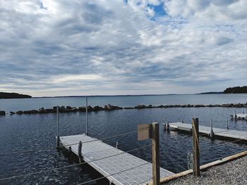 Pier on lake against sky