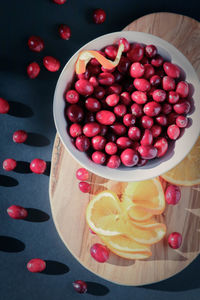 High angle view of strawberries in bowl on table