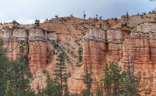 Low angle view of rocks on cliff against sky