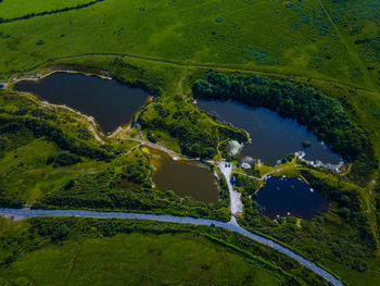 High angle view of landscape, including four lakes