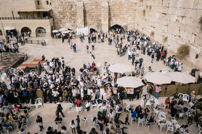 High angle view of people at town square