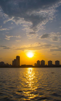 City at waterfront during sunset