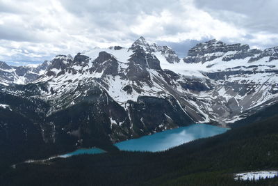 Scenic view of valley against cloudy sky during winter