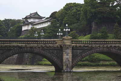 Arch bridge over river in city