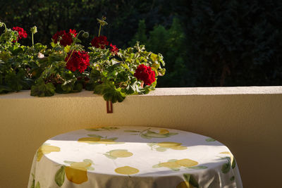 Close-up of red roses in vase on table