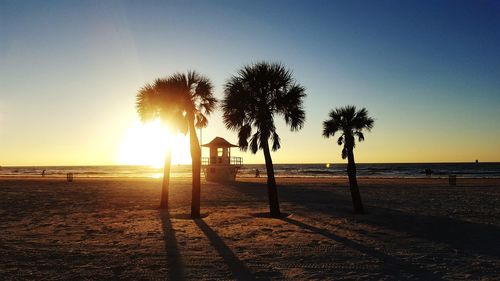 Silhouette palm trees on beach against sky during sunset