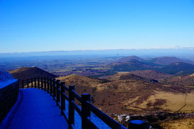 Scenic view of mountains against clear blue sky