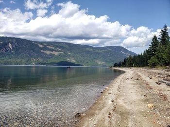 Scenic view of lake by mountains against sky