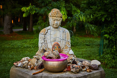 Portrait of smiling young woman sitting against plants