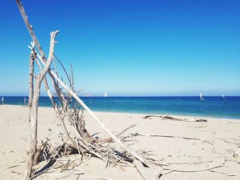 Scenic view of beach against clear blue sky