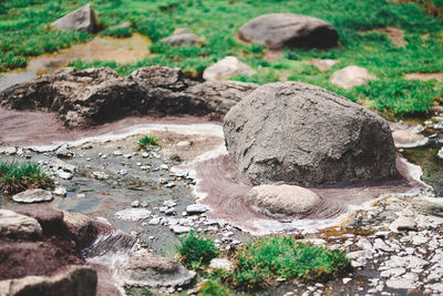 High angle view of rocks on field