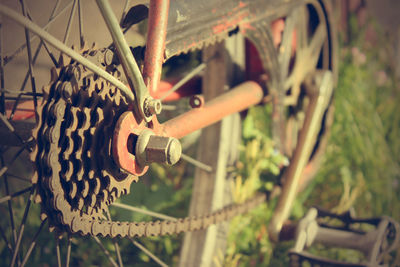 Close-up of rusty metallic bicycle