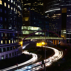 High angle view of light trails on city street