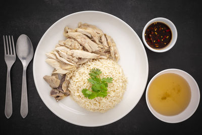 High angle view of meal served on table