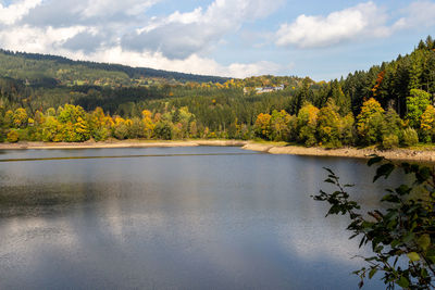 Scenic view of lake by trees against sky